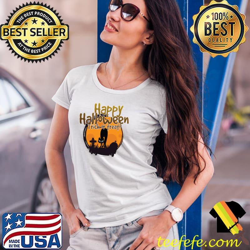 Happy Halloween Trick Or Treat Cat Moon T-Shirt Ladies Tee Happy Halloween Trick Or Treat Cat Moon T-Shirt Ladies Tee