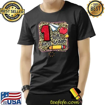 Hello 1st First Grade Leopard Frame Back To School Girls Boy T-Shirt