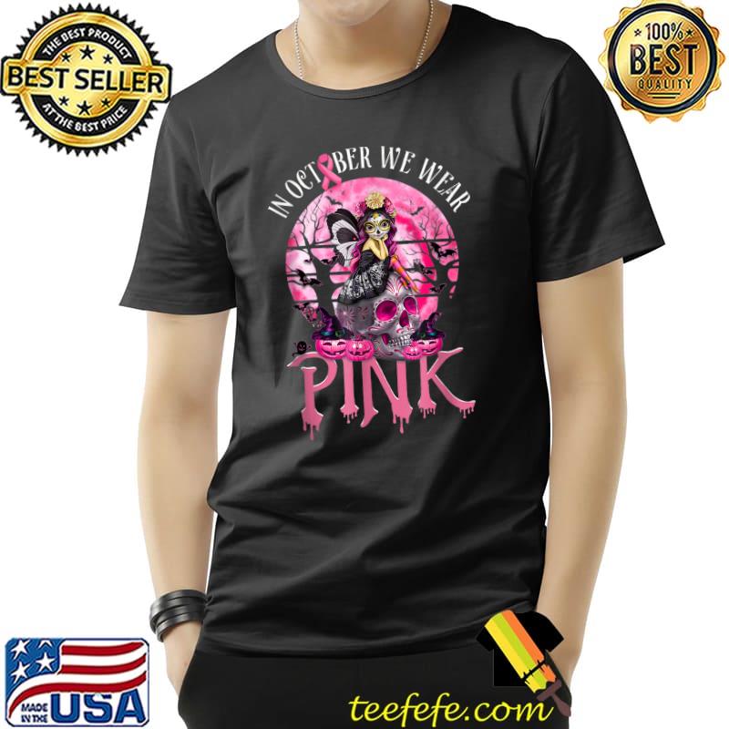 In October We Wear Pink Ribbon Breast Cancer Month Messy Bun Pumpkin Moon Halloween T-Shirt