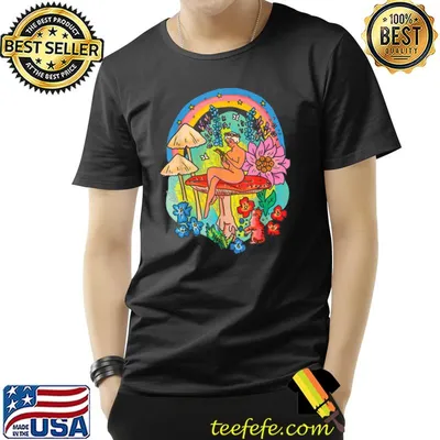 Mystical Floral Mushrooms Girl With Cat Rainbow Cottagecore T-Shirt