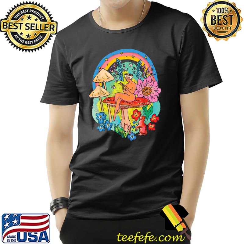Mystical Floral Mushrooms Girl With Cat Rainbow Cottagecore T-Shirt