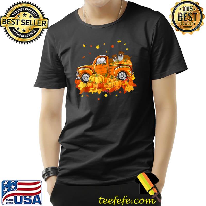 Staffordshire Bull Riding Truck Pumpkin Autumn Leaves Fall T-Shirt