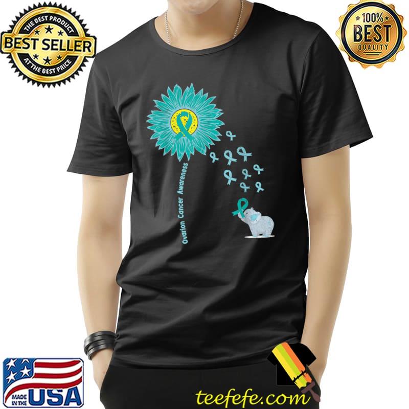 Support For Ovarian Cancer Awareness Teal Ribbon Product Sunflower Elephant T-Shirt