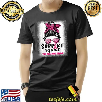 Support Squad You Are Not Alone Messy Bun Pink Glasses Leopard Breast Cancer Awareness T-Shirt