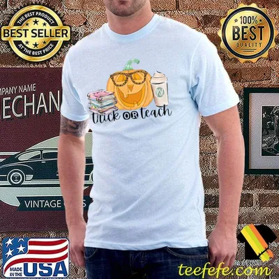 Trick Or Teach Ghost Wear Gllasses Leopark Books Pumpkin Coffee Halloween T-Shirt