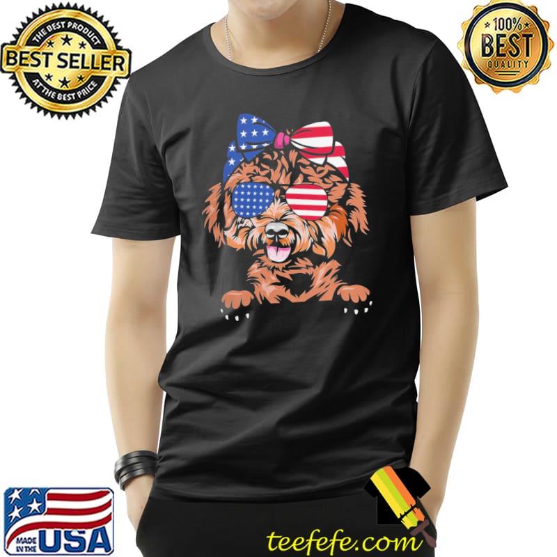 Vintage Poodle with usa sunglasses and usa flag pattern shirt