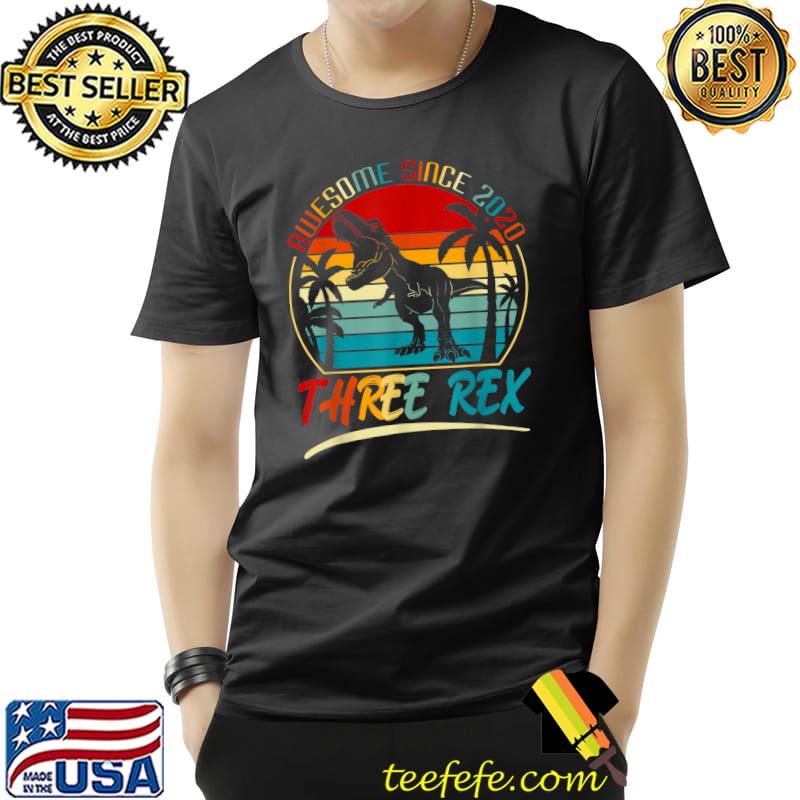 3 Years Old Boy Dinosaur T-rex Awesome Since 2020 Birthday Palm Tree Vintage Sunset T-Shirt