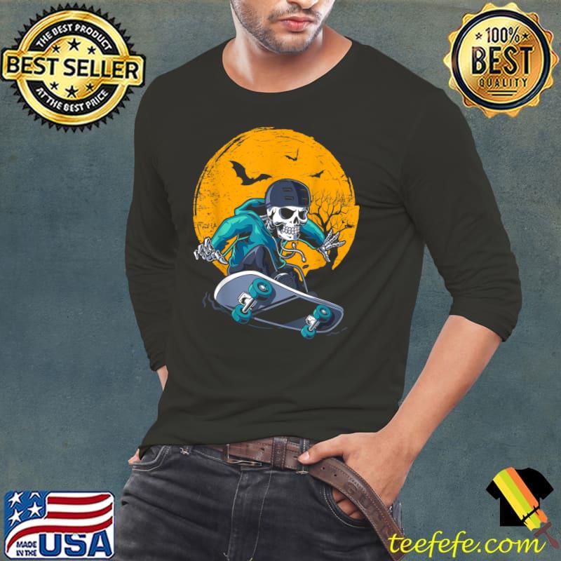 A Skeleton Skateboard Playing Cruiser Skateboard Pumpkins Moon Bats T-Shirt Long Sleeve Tee A Skeleton Skateboard Playing Cruiser Skateboard Pumpkins Moon Bats T-Shirt Long Sleeve Tee