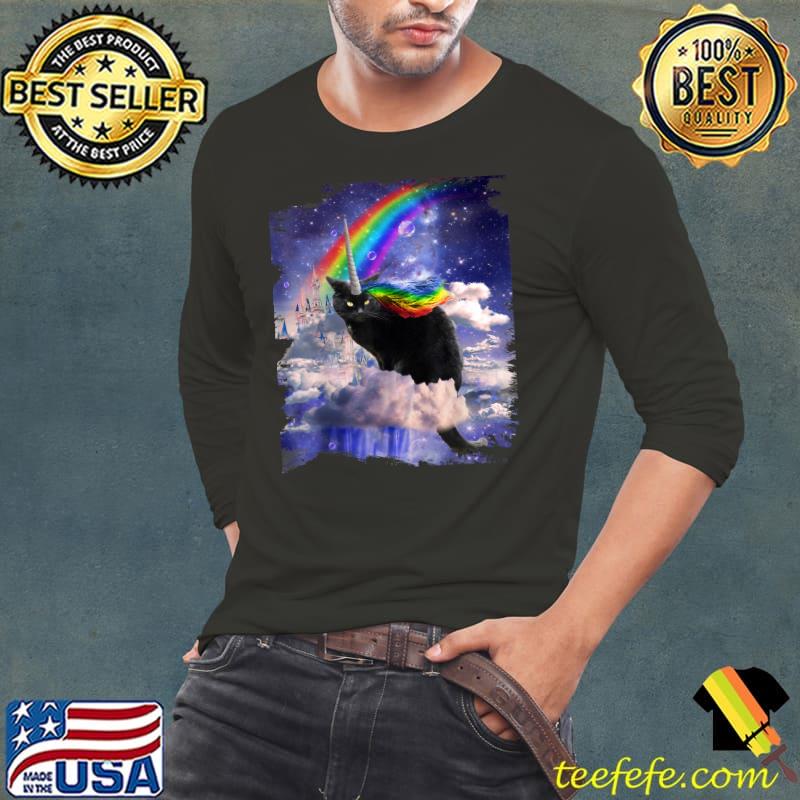 Black Cat Rainbow Unicorn Caticorn In Clouds Space T-Shirt Long Sleeve Tee Black Cat Rainbow Unicorn Caticorn In Clouds Space T-Shirt Long Sleeve Tee