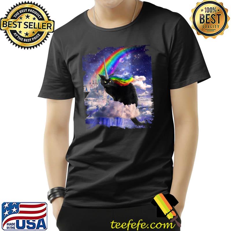 Black Cat Rainbow Unicorn Caticorn In Clouds Space T-Shirt