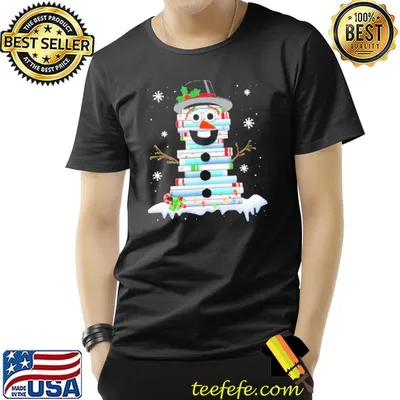 Book stack librarian book christmas snowman shirt