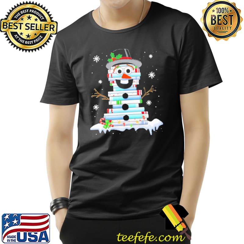 Book stack librarian book christmas snowman shirt