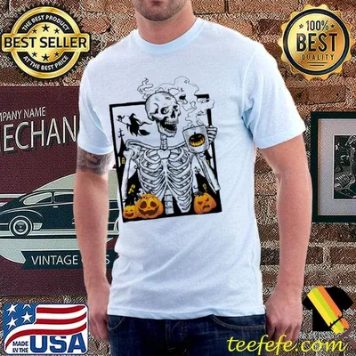 Halloween coffee drinking skeleton I love coffee shirt