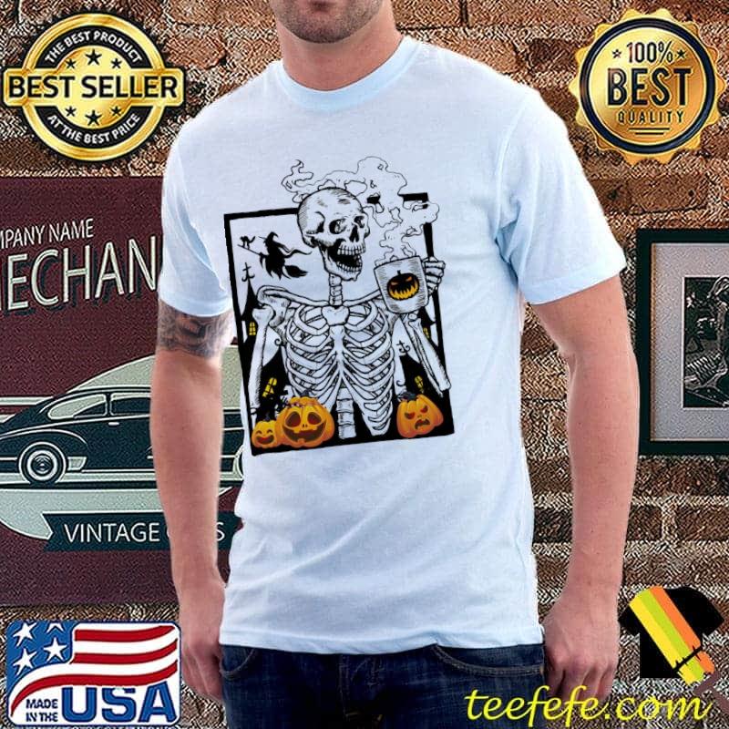Halloween coffee drinking skeleton I love coffee shirt