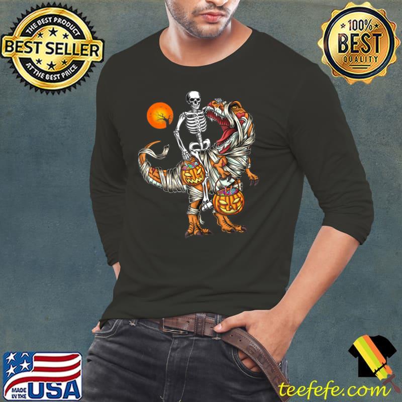 Halloween Funny Skeleton Riding Mummy Dinosaur T Rex Pumpkin T-Shirt Long Sleeve Tee Halloween Funny Skeleton Riding Mummy Dinosaur T Rex Pumpkin T-Shirt Long Sleeve Tee