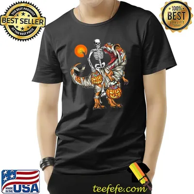 Halloween Funny Skeleton Riding Mummy Dinosaur T Rex Pumpkin T-Shirt