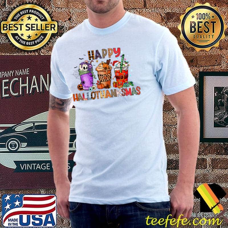 Happy Hallothanksmas Coffee Leopard Santa Pumpkin Xmas Halloween T-Shirt