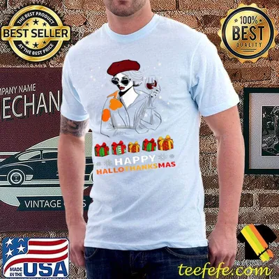 Happy Hallothanksmas Women Drink Wine Glasses Witch Santa Hat Pumpkin T-Shirt
