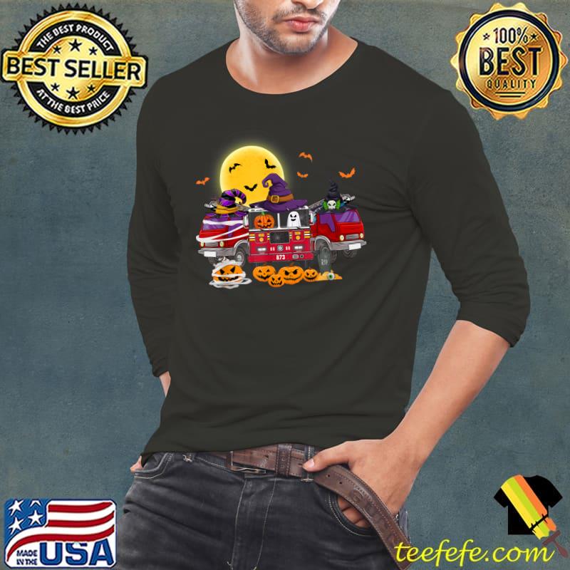 Happy Halloween Firefighter Fireman Pumpkin Fire Truck Bats Moon T-Shirt Long Sleeve Tee Happy Halloween Firefighter Fireman Pumpkin Fire Truck Bats Moon T-Shirt Long Sleeve Tee