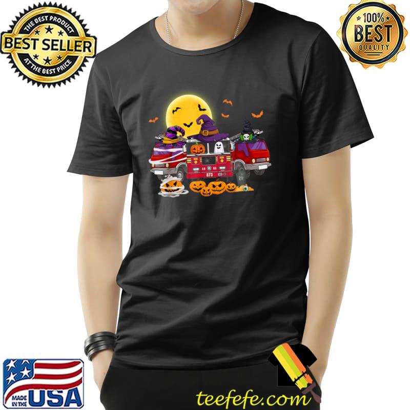 Happy Halloween Firefighter Fireman Pumpkin Fire Truck Bats Moon T-Shirt