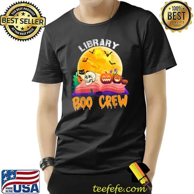 Library Boo Crew Skull Pumpkins Blood Moon Halloween Book Librarian T-Shirt