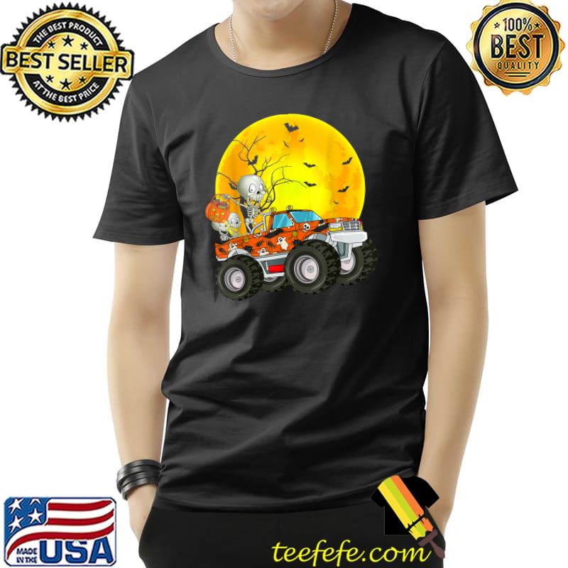Skeleton Monster Truck Bats Moon Candy Halloween T-Shirt