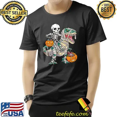 Skeleton Riding Dinosaur Candy Pumpkin Halloween T-Shirt