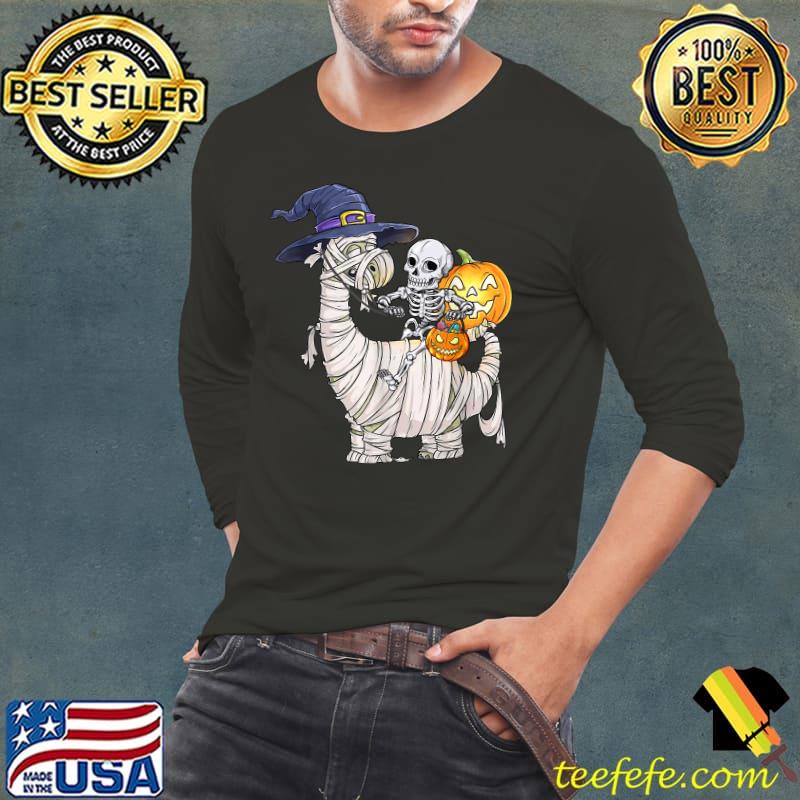 Skeleton Riding Mummy Dinosaur T rex Halloween Pumpkin T-Shirt Long Sleeve Tee Skeleton Riding Mummy Dinosaur T rex Halloween Pumpkin T-Shirt Long Sleeve Tee