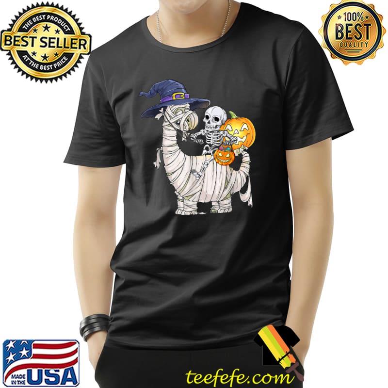 Skeleton Riding Mummy Dinosaur T rex Halloween Pumpkin T-Shirt