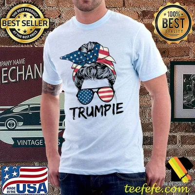 Trumpie Anti Biden Rally Wear Messy Hair Bun American Flag T-Shirt