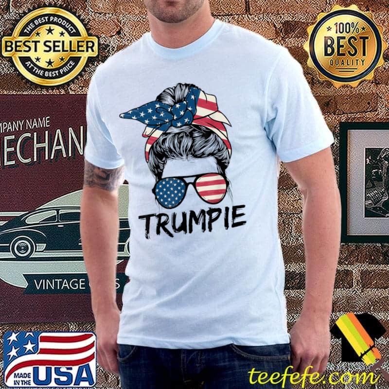 Trumpie Anti Biden Rally Wear Messy Hair Bun American Flag T-Shirt