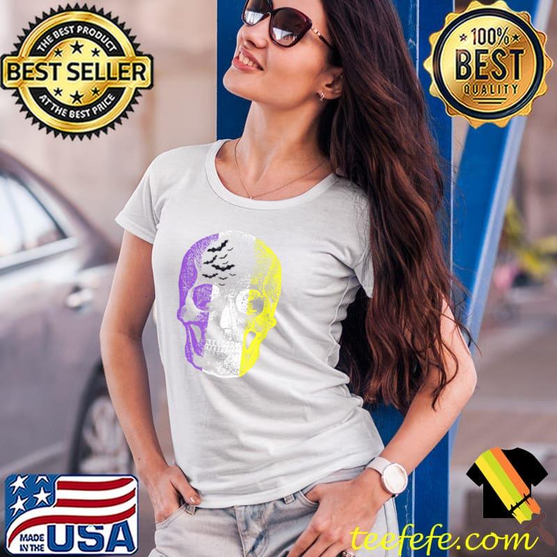 Vintage Nonbinary Pride Skull Bats Non Binary Flag Halloween T-Shirt Ladies Tee Vintage Nonbinary Pride Skull Bats Non Binary Flag Halloween T-Shirt Ladies Tee