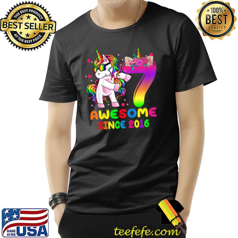Awesome Since 2016 Dabbing Unicorn 7th Birthday 7 Year Old Flowers Tie Dye T-Shirt