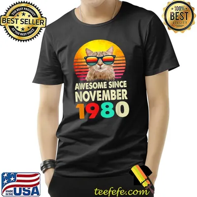 Awesome Since November 1980 42nd Birthday Gift Cat Wear Sunglass Vintage T-Shirt