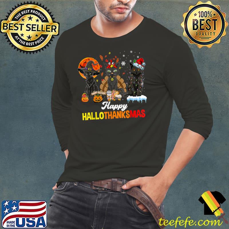 Black Cats With Witch Hat Santa Hat And Blood Moon Halloween Merry Christmas Happy Hallothanksmas T-Shirt Long Sleeve Tee Black Cats With Witch Hat Santa Hat And Blood Moon Halloween Merry Christmas Happy Hallothanksmas T-Shirt Long Sleeve Tee