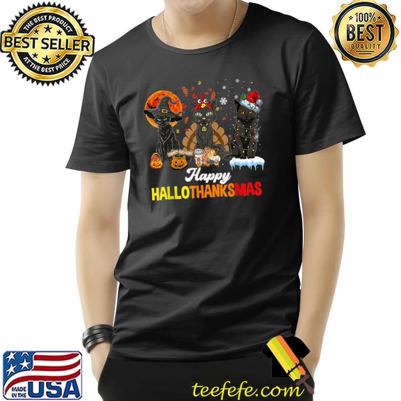 Black Cats With Witch Hat Santa Hat And Blood Moon Halloween Merry Christmas Happy Hallothanksmas T-Shirt