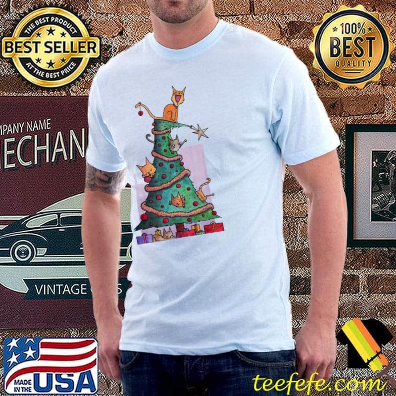 Cat sitting on top of christmas tree shirt