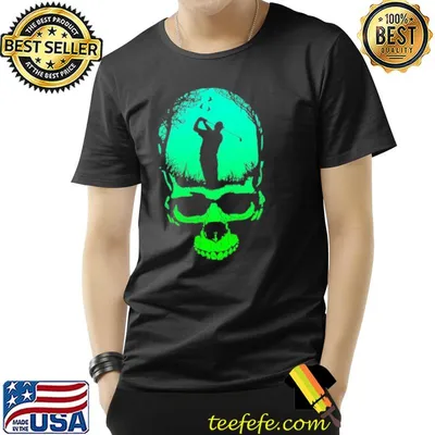 Golf gothic golfer dad skeleton skull green sunset single dad halloween retro art shirt