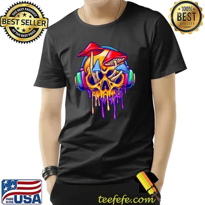 Halloween Psychedelic Skull And Music Headphone And Mushroom Colors T-Shirt
