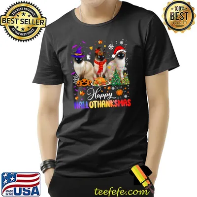 Happy Hallothanksmas Siamese Cat Santa Turkey Halloween Thanksgiving T-Shirt