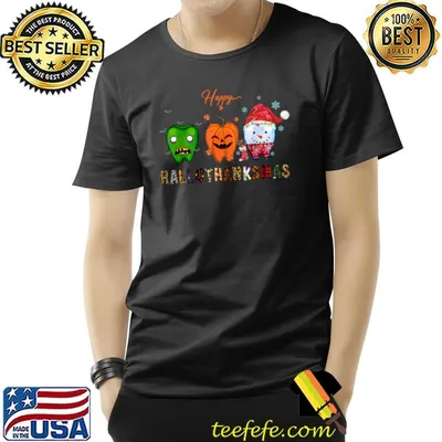 Happy Hallothanksmas Tooth Pumpkin Tooth Snowman Halloween Thanksgiving Christmas T-Shirt