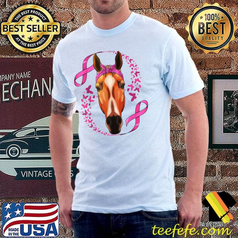 Horse And Butterflies Breast Cancer Awareness Pink Bandana Cancer Survivor T-Shirt