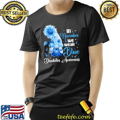 In November We Wear Blue Diabetes Awareness Gnome Hodling Sunflowers T-Shirt