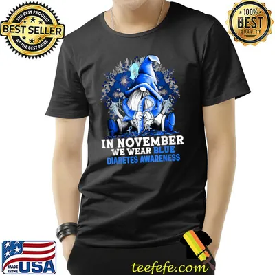 In November We Wear Blue Gnomies Diabetes Awareness Gnome With Flowers T-Shirt