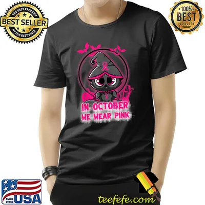 In October We Wear Pink Cancer Awareness Halloween Owl Witch And Bats T-Shirt