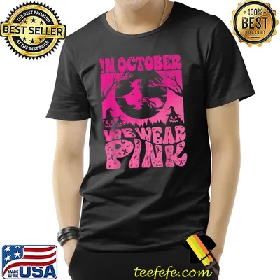 In October We Wear Pink Halloween Witch Ribbon Breast Cancer T-Shirt
