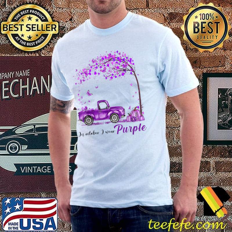 In October We Wear Purple Domestic Violence Autumn Fall Truck And Pumpkin T-Shirt