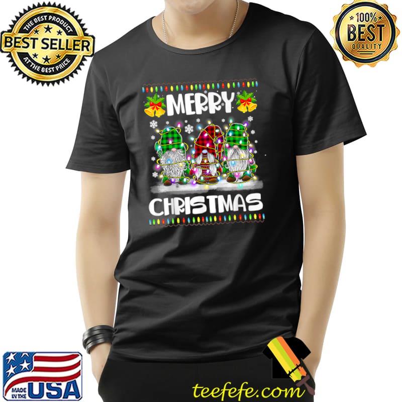Merry Christmas Gnomes With Lights With Hat Plaid Red And Green Xmas Matching Family T-Shirt
