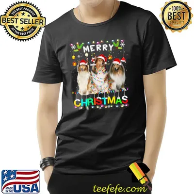 Merry Christmas Sheepdog Santa Hat Lights Xmas T-Shirt