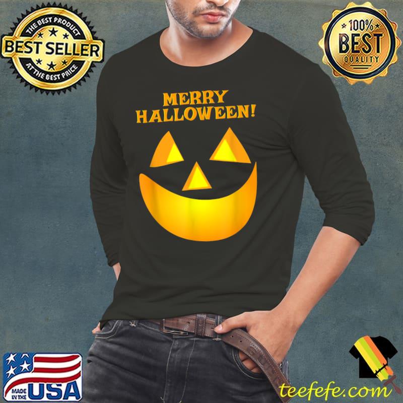 Merry Halloween Holiday Pumpkin Face T-Shirt Long Sleeve Tee Merry Halloween Holiday Pumpkin Face T-Shirt Long Sleeve Tee